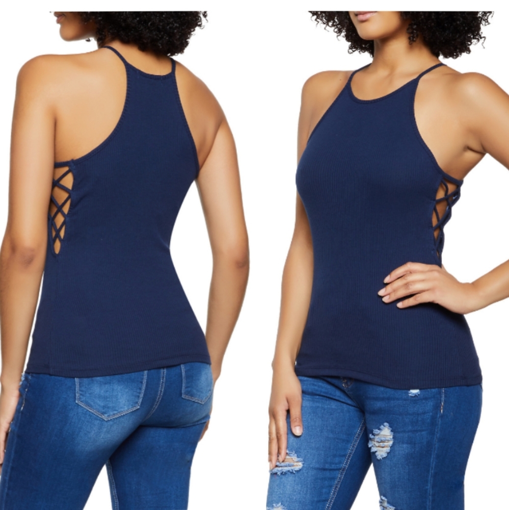 Navy ribbed halter high neck cutout side tank top